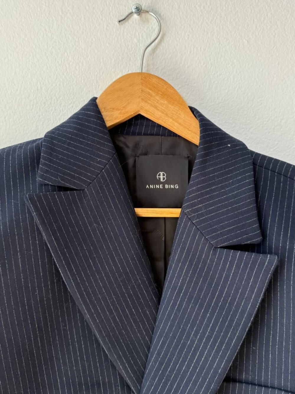 Anine Bing Declan Blazer Navy Pinstripe Wool Size S